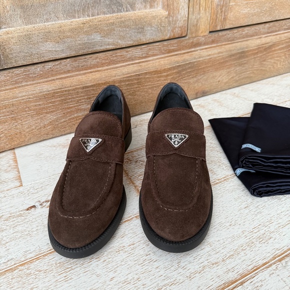 Prada Brown Suede Triangle Loafers NEW - Picture 1 of 16